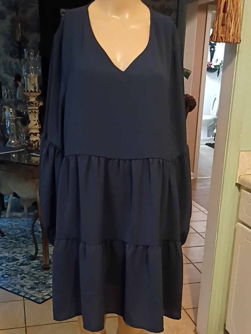Women's Navy V-Neck Tiered Dress